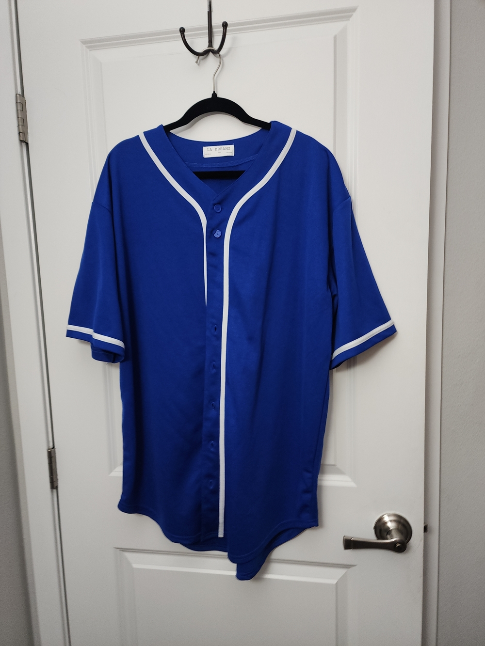 5/$30  La Femme cobalt blue baseball-style jersey with white trim